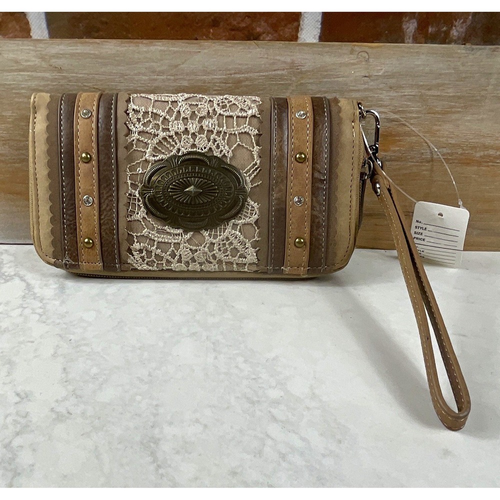 Justin Zip-Around Wristlet Wallet Beige/Brown Lace Overlay Concho Wrist Strap